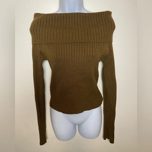 Lulu's Off-the-Shoulder Ribbed Sweater in Brown - Picture 3 of 7